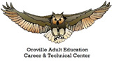 owl with the words oroville adult education career and technical center